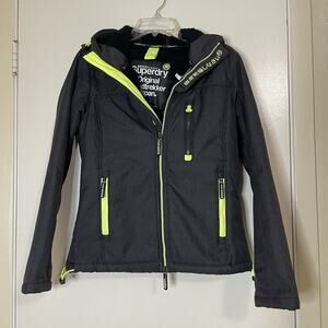 Superdry Windtrekker Jacket full zip hooded gray fleece lined outdoor medium